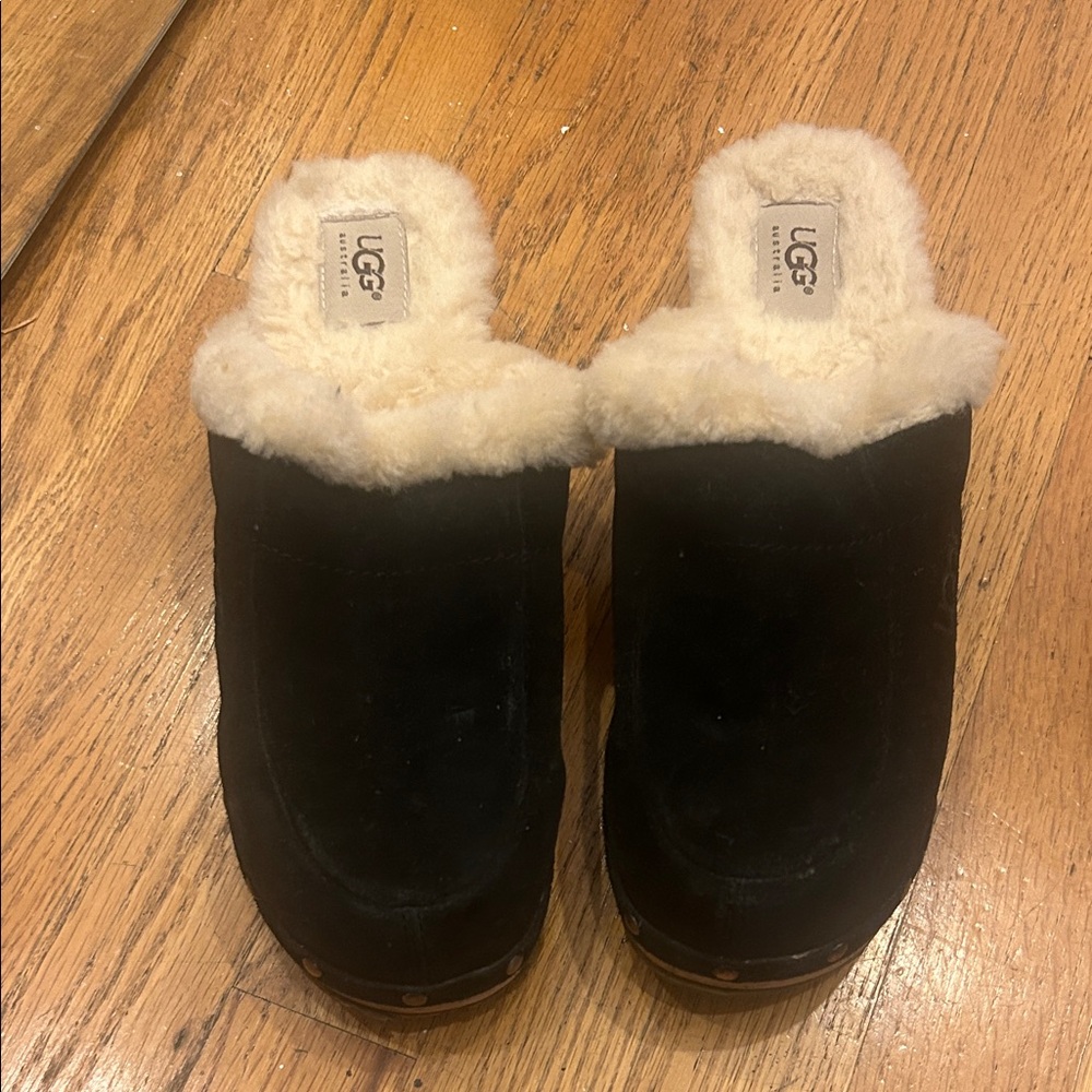 UGG Black Suede Clogs with Cream Shearling